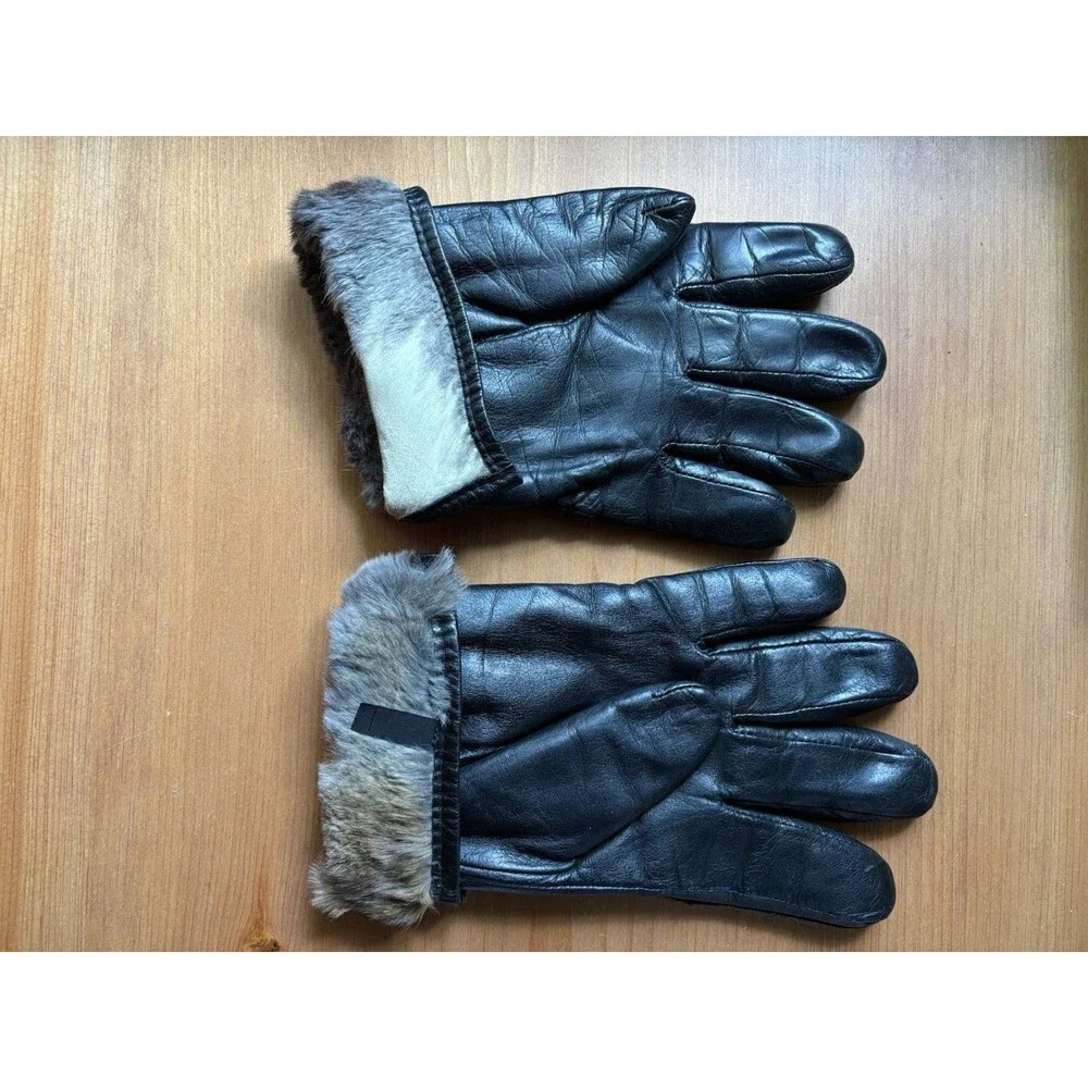 Leather Gloves Black Rabbit Fur Lined Women Large *Read